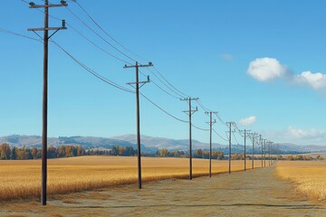 Long line of utility poles stretching across golden wheat fields under a clear blue sky with a few white clouds and distant hills
