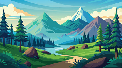 Beautiful mountain landscape illustration with trees path and river under a clear sky
