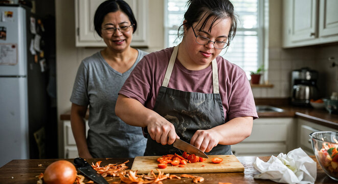 Woman with down syndrome cutting tomatoes while cooking with her mother