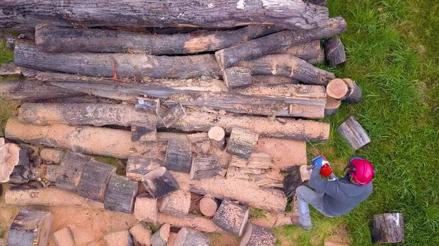 Lumberjack with a chainsaw cutting trees in the forest. Preparing firewood for winter. Top down view. Aerial view from drone
