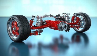 Red automotive rear suspension system with coil springs, shock absorbers, and large tires set on reflective blue surface under soft lighting