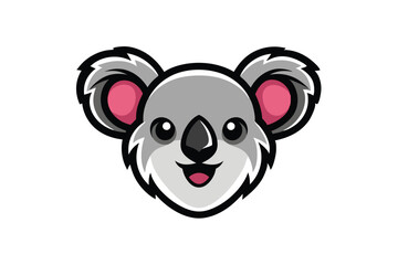 Happy koala face shows its smiling mouth with rounded ears on white