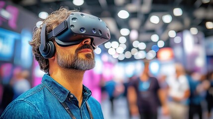 Man with headset immersed in virtual reality experience at a busy convention or exhibition with blurred people and bright lights in background