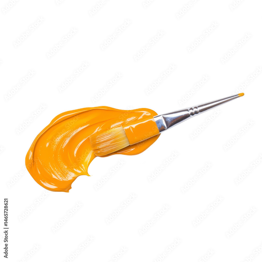 Poster paintbrush with metal handle is covered in vibrant yellow paint, creating dynamic and artistic splas