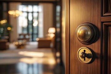 Close-up of a shiny brass doorknob and lock on a wooden door with a blurred modern living room interior in the background warmly lit by natural and artificial light
