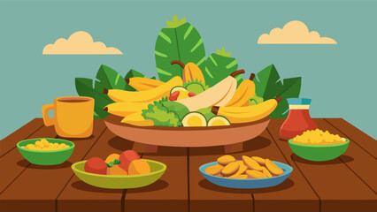 A large wooden table overflowing with dishes of plantains yucca and other root vegetables commonly used in Latin American cuisine.. Vector illustration
