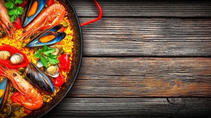 Paella: A vibrant paella, brimming with fresh seafood and fragrant saffron rice, presented in a rustic pan. It's an invitation to a culinary experience.