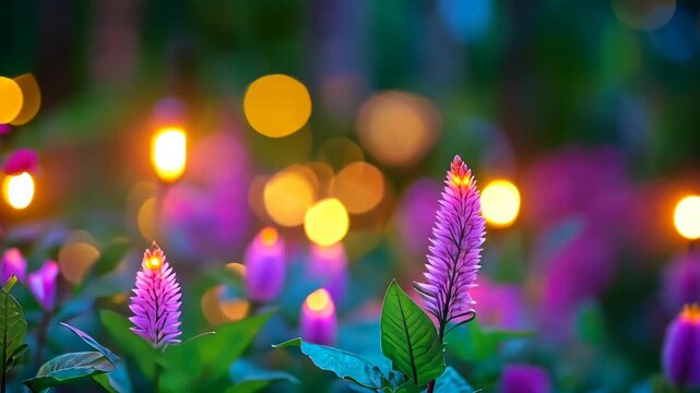 Enchanted Garden Bloom: A vibrant burst of pink celosia flowers in a lush garden setting, illuminated by soft warm lights, evokes an atmosphere of serene enchantment and tranquility.