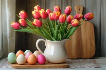 Bright bouquet of pink and yellow tulips in white ceramic pitcher next to colorful pastel Easter eggs on wood cutting board with wooden boards in background