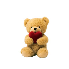 Obraz premium Cute teddy bear holding red heart, symbolizing love and affection. plush toy is soft and cuddly, perfect for gifts or decoration. Its warm, fuzzy texture adds charm