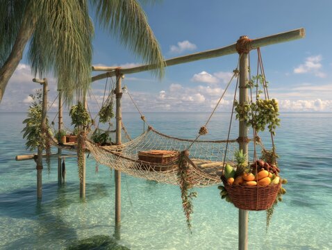 Tropical pier scene featuring a hammock, plants, and fruit basket, offering a serene getaway atmosphere amidst turquoise waters.