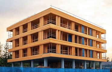 Obraz premium Large modern wooden building under construction with multiple floors and scaffolding during sunset