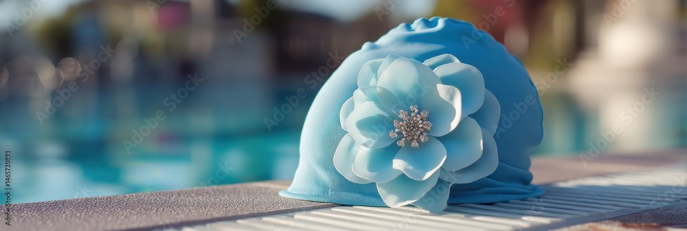Poster Retro Swimming Cap With Flower Detail Resting on Pool Edge Surrounded by Vibrant Water Reflections in Sunny Weather Generative AI