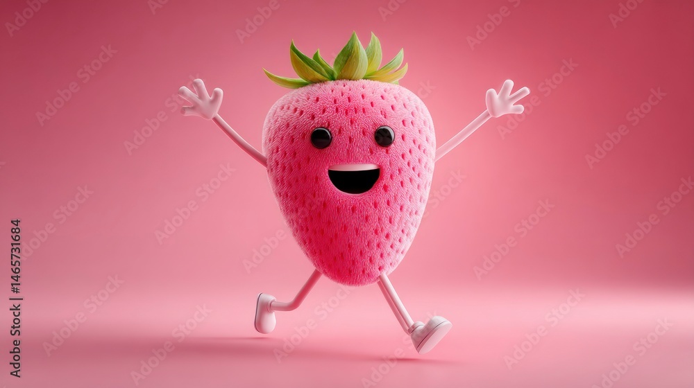 Poster a cheerful animated strawberry character with arms and legs jumping joyfully against a soft pi