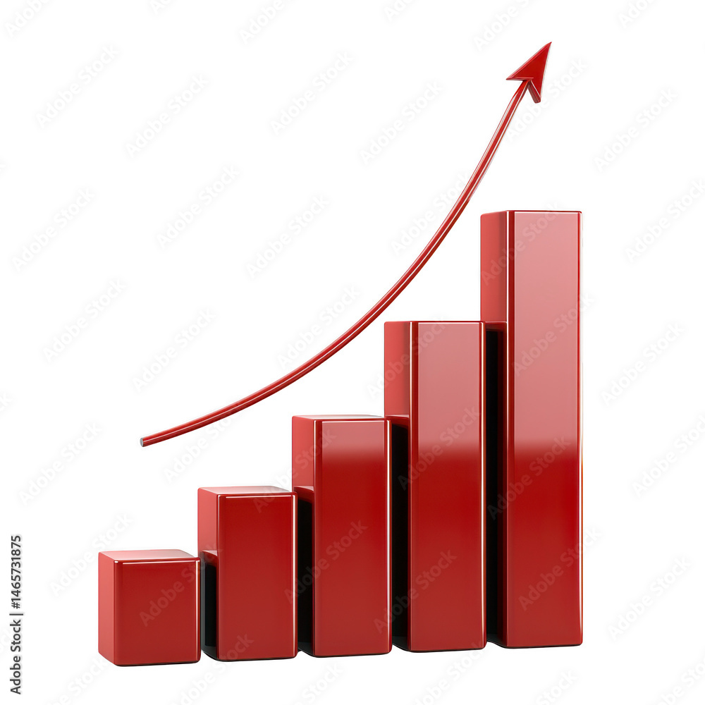 Poster 3d red bar graph with upward arrow symbolizes growth and success. bars increase in height from left 