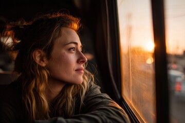 Woman Gazes out of Bus Window at Sunset Glow With a Thoughtful Expression During Evening Travel Generative AI