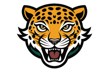 Ferocious jaguar face roars with intense eyes and sharp teeth against a white backdrop