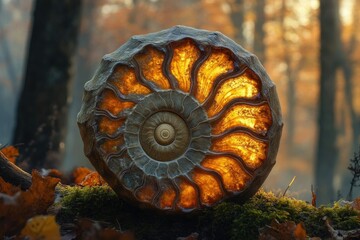 A backlit ammonite fossil rests on moss in an autumnal forest, showcasing its intricate spiral structure.