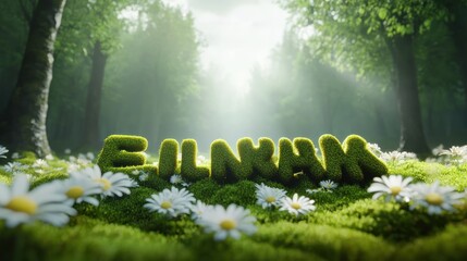Bright green mossy letters spelling a word on a lush forest floor surrounded by white daisies, with sunlight streaming through tall trees creating a peaceful atmosphere