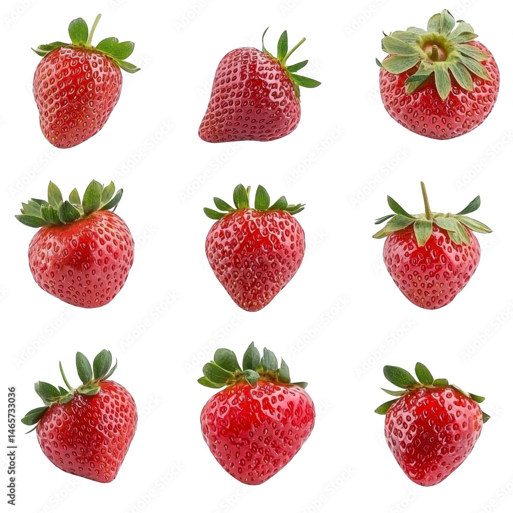 Poster nine fresh strawberries are arranged in grid pattern, each displaying vibrant red color and green le