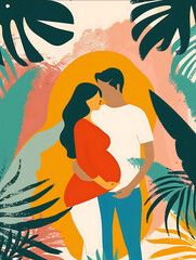 a digital illustration in a modern minimalistic vector style that features a pregnant woman with her partner by her side celebrating the upcoming journey into pare