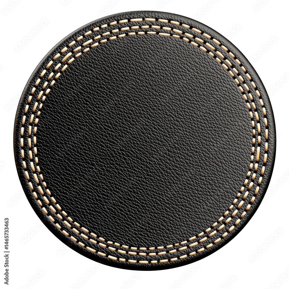 Poster round black leather patch with intricate beige stitching around edges, creating textured and elegant