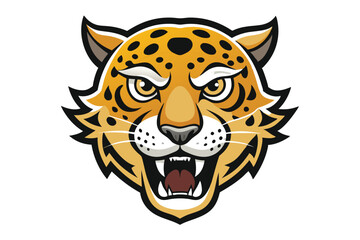 A fierce jaguar head with golden fur and angry face powerfully snarls openly