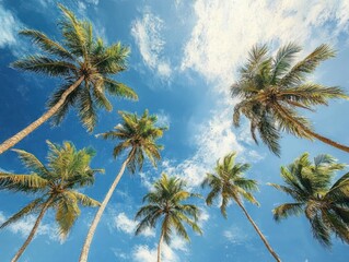 Tall palm trees with green fronds reaching toward a bright blue sky filled with light wispy clouds on a sunny day