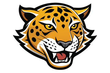 Roaring golden jaguar head features spotted fur and sharp teeth on a white background