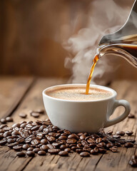 Steaming Coffee Poured Into White Cup With Coffee Beans
