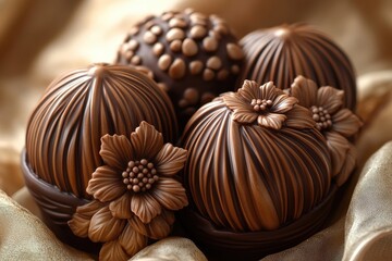 Exquisite chocolate spheres decorated with intricate floral designs.