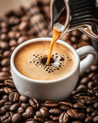 Espresso Stream Pouring into White Cup on Machine Tray with Coffee Beans
