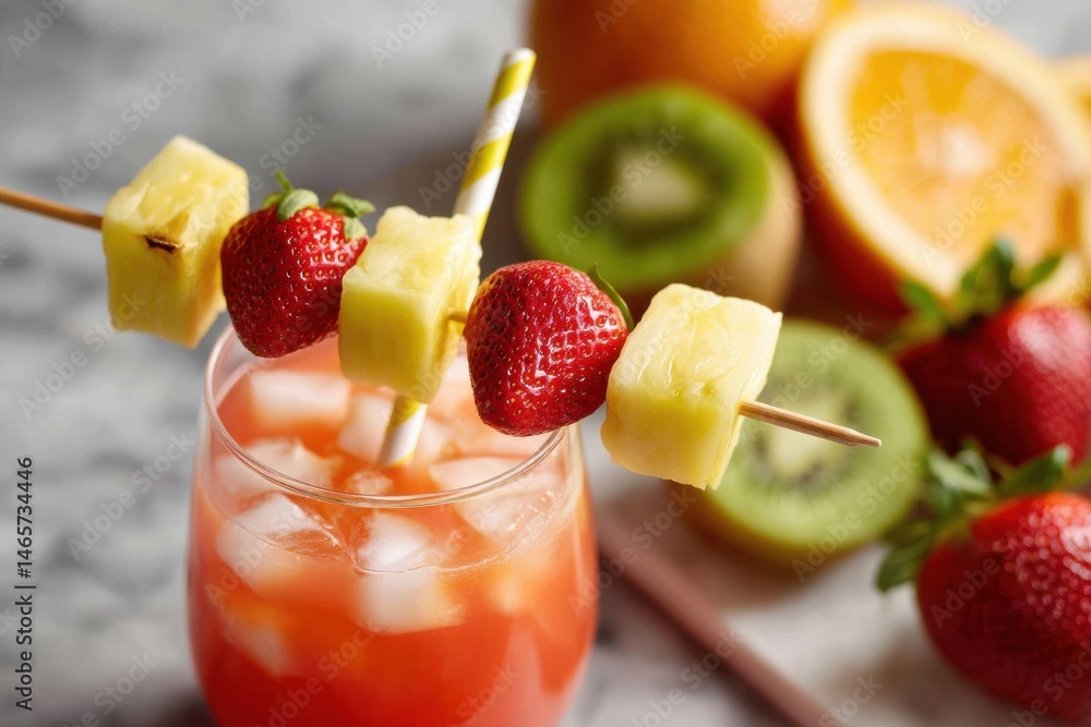 Poster Refreshing Tropical Drink With Fruity Skewers and a Paper Straw Beside Fresh Kiwi and Citrus Fruits on a Sunny Day Generative AI