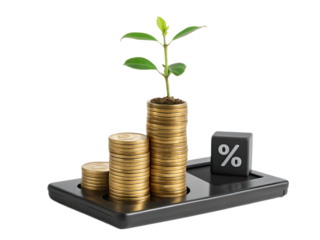 A plant growing from a stack of coins next to other stacks and a percentage sign on a black surface