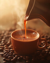 Steaming Coffee Poured into Brown Ceramic Cup Surrounded by Roasted Beans
