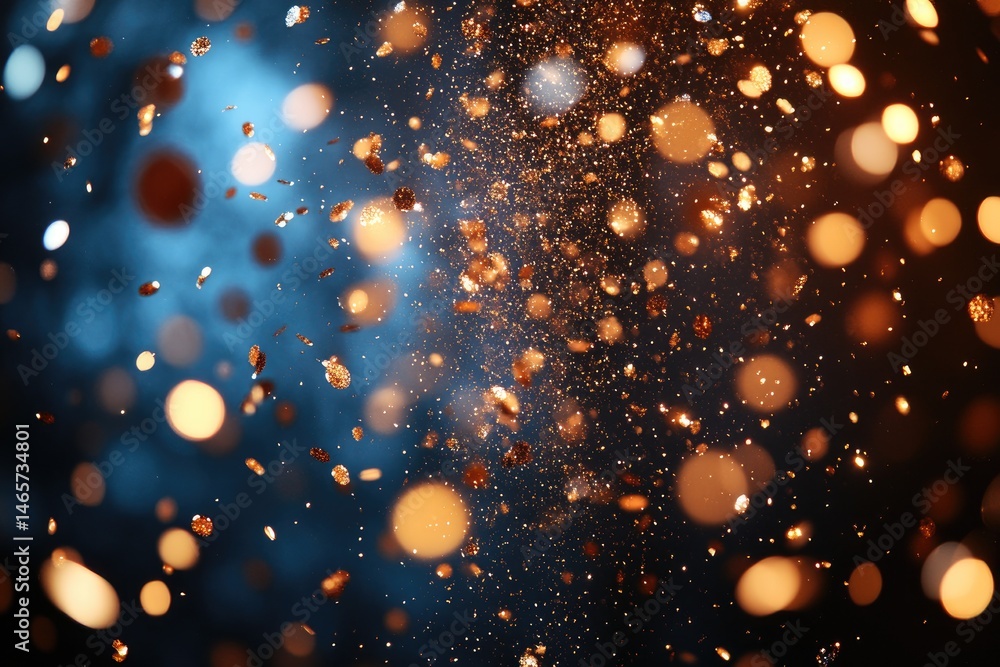 Poster abstract design with golden confetti falling against a dark backdrop.