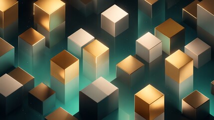 isometric cubes in gold and teal gradient, minimal futuristic composition, deep shadows and glowing edges