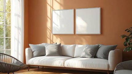 Bright living room with white sofa and gray pillows against a warm orange wall with two blank canvases and sunlight streaming through large window