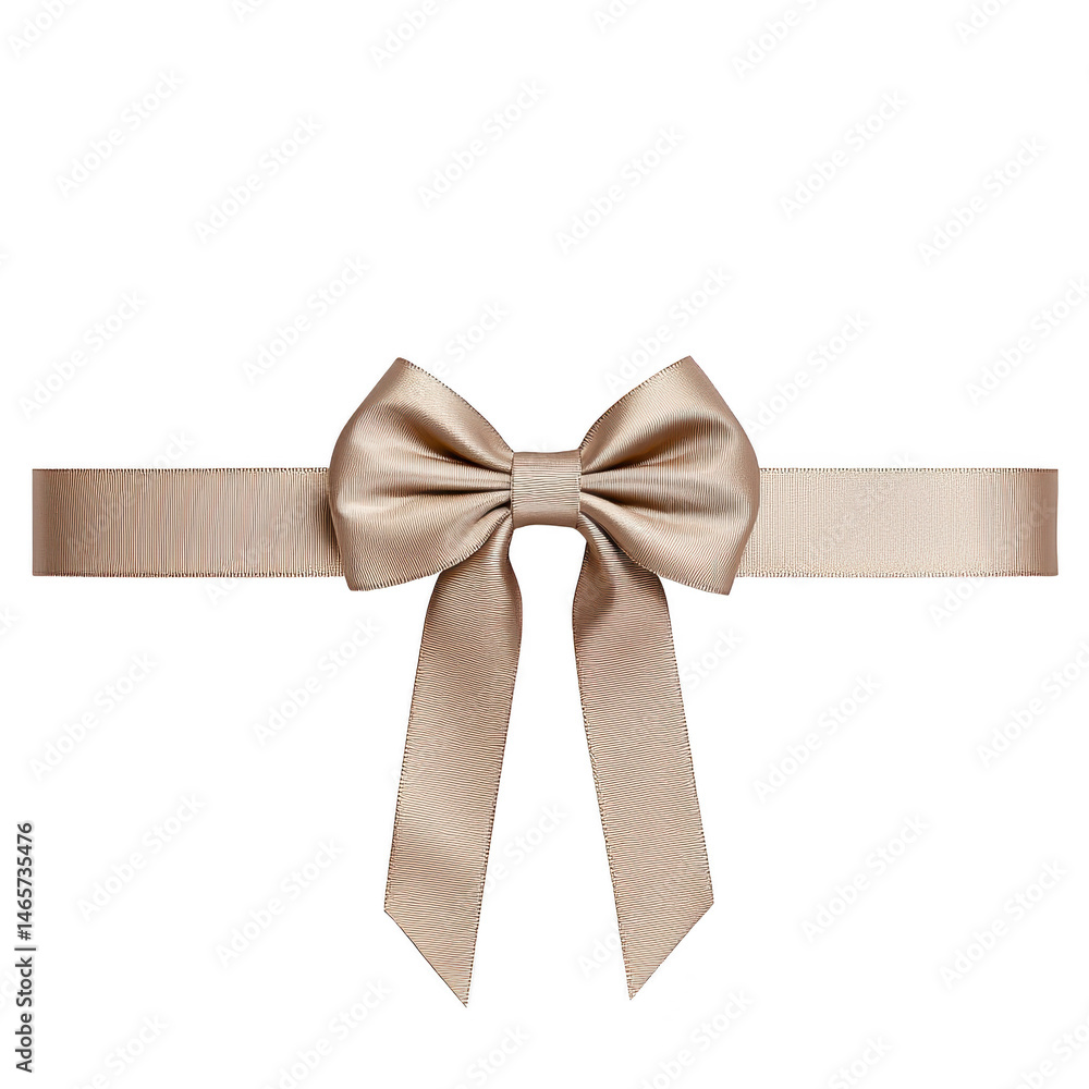 Poster beige satin ribbon bow with long tails is elegantly tied, creating classic and sophisticated look. s