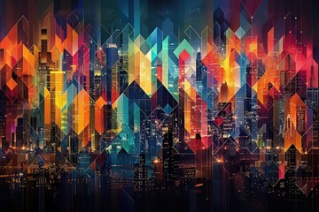 Obraz premium Abstract cityscape illustration with vibrant geometric shapes.