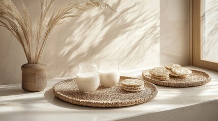 Two glasses of milk and crackers on woven trays in a sunlit room.