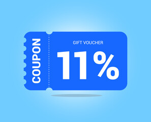 11% coupon promotion sale. Eleven percent Vector Gift Voucher. Blue discount, lucky ticket, special offer promo. Web, shopping label, percent sign. Special price offers.