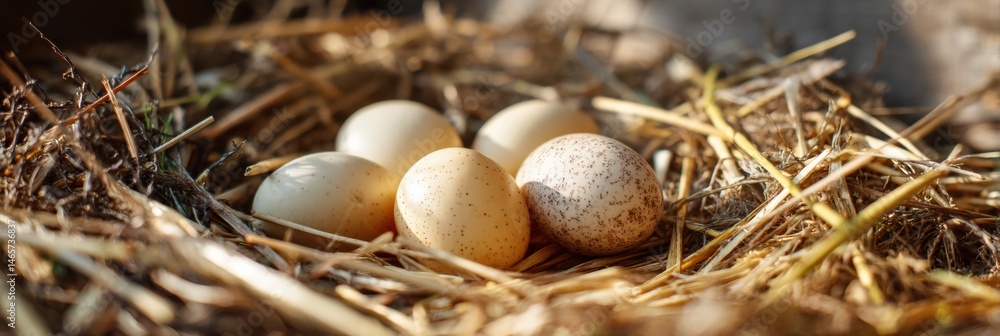 Poster nest of eggs partially hidden in a pile of hay bathed in soft natural lighting during a peaceful mor