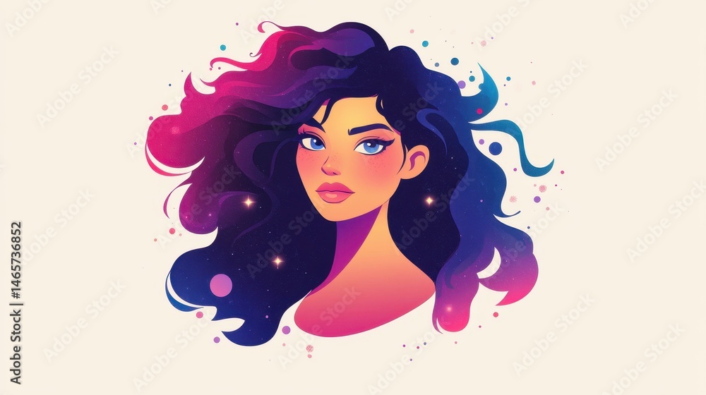 Poster a colorful avatar icon depicting a moody woman in a semiflat vector style, perfect for web design an