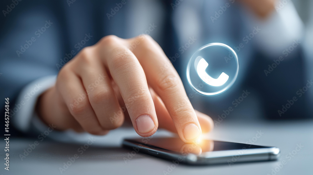 Poster connect with ease a businessman utilizes a smartphone to reach customer support with a virtual conta