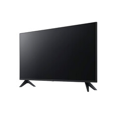 Sleek, modern flat screen television with black frame and minimalist design, perfect for contemporary living spaces. TV is supported by two sturdy legs
