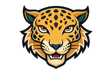 Cartoon jaguar head with golden eyes shows its fangs on white background