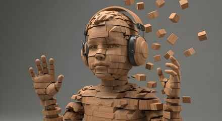 Wooden Block Child with Headphones and Fragmented Body, Representing Sensory Glitch, Fragile Identity, and Rational Perception in Autism