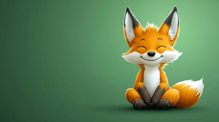 Obraz premium Adorable Cartoon Fox Sitting with a Happy Expression on a Green Background