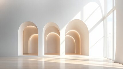Minimalist bright interior with three large archways illuminated by soft warm lighting, smooth wooden floor, and sunlight casting shadows through tall windows